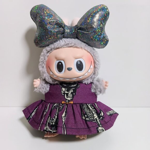 Custom Labubu Halloween Skeleton Dress and Oversized Hologram Metallic Bow - Picture 1 of 6